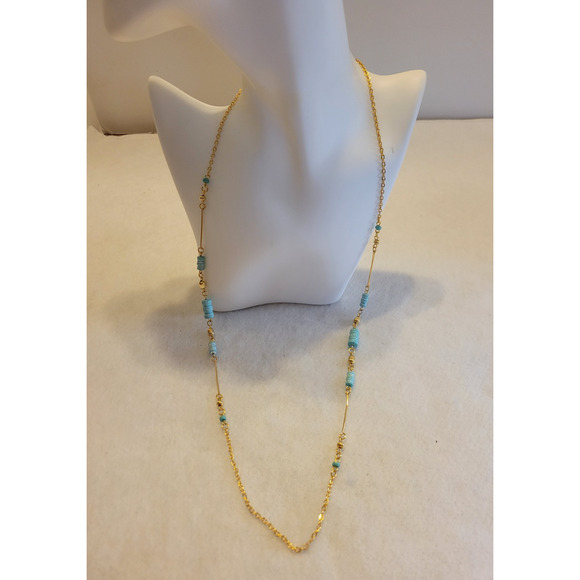 Bohemian Blue Beaded Necklace Gold Tone Dainty Minimalist Elegant Jewelry - Picture 2 of 8